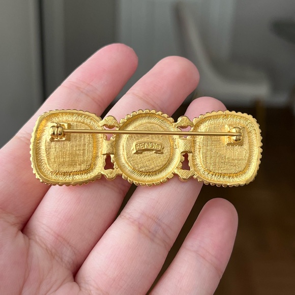 Vintage Fendi Crown Logo Faux Pearl Rhinestone Gold Bar Brooch Collectible
